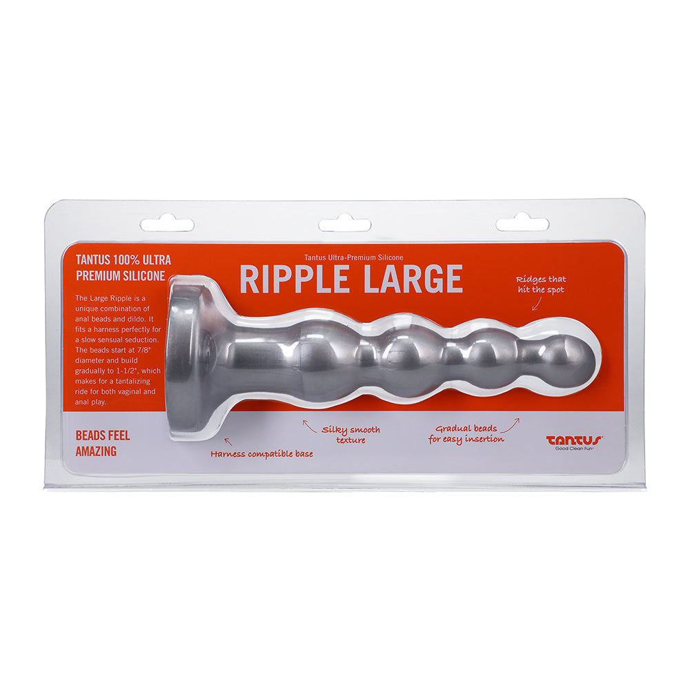 Tantus Ripple Large silver anal beads dildo with four graduating smooth beads and flared base on a white background.