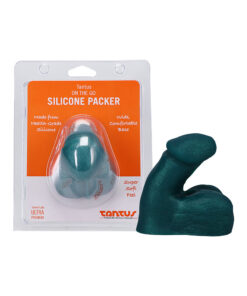 Tantus On The Go silicone packer in super soft emerald held in hand