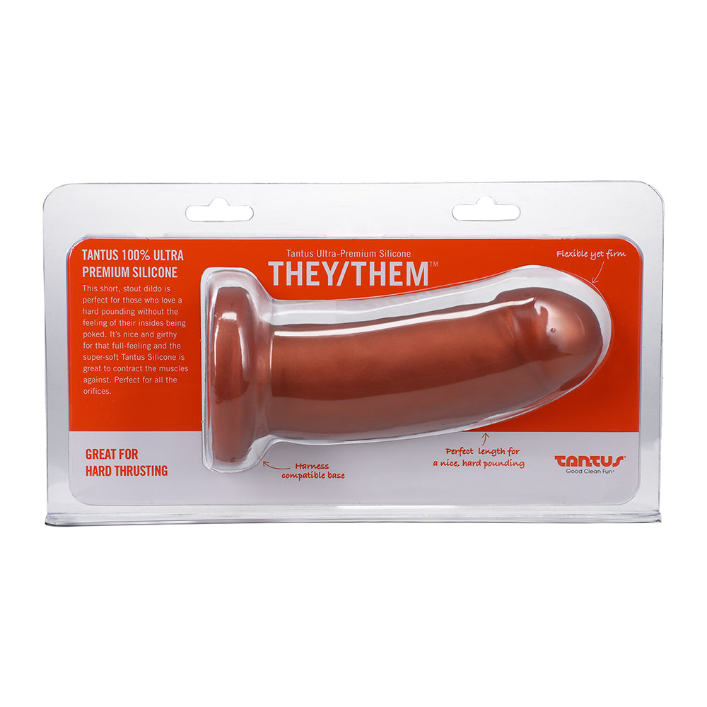 Tantus They/Them 5.5 in. Dildo Soft Copper in a studio shot
