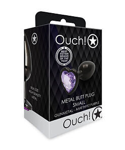 Ouch! Heart Gem Butt Plug Small in gunmetal finish with sparkling amethyst heart jewel on flared base against dark background