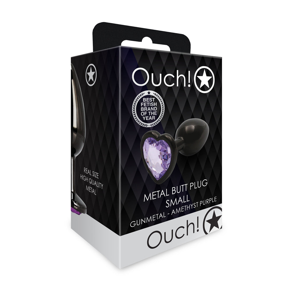 Ouch! Heart Gem Butt Plug Small in gunmetal finish with sparkling amethyst heart jewel on flared base against dark background