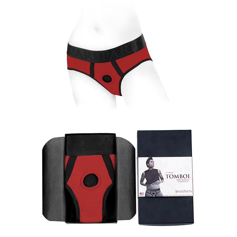 SpareParts Tomboi Nylon Briefs Harness in red and black