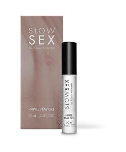 Bijoux Indiscrets Slow Sex Nipple Play Gel 0.34 oz with metallic rollerball applicator on a dark textured surface