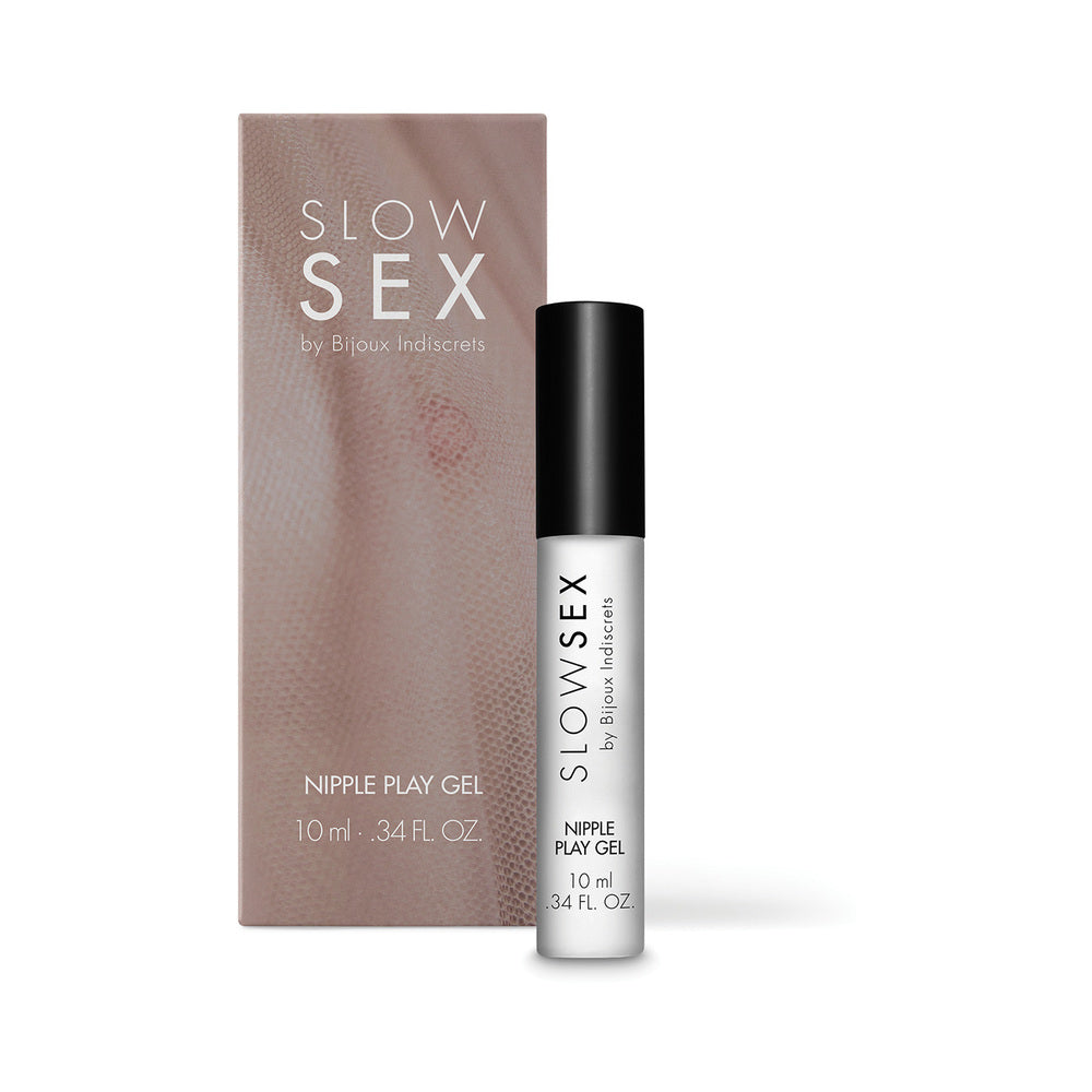 Bijoux Indiscrets Slow Sex Nipple Play Gel 0.34 oz with metallic rollerball applicator on a dark textured surface