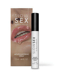 Bijoux Indiscrets Slow Sex Mouthwatering Spray citrus flavored mist bottle against a soft