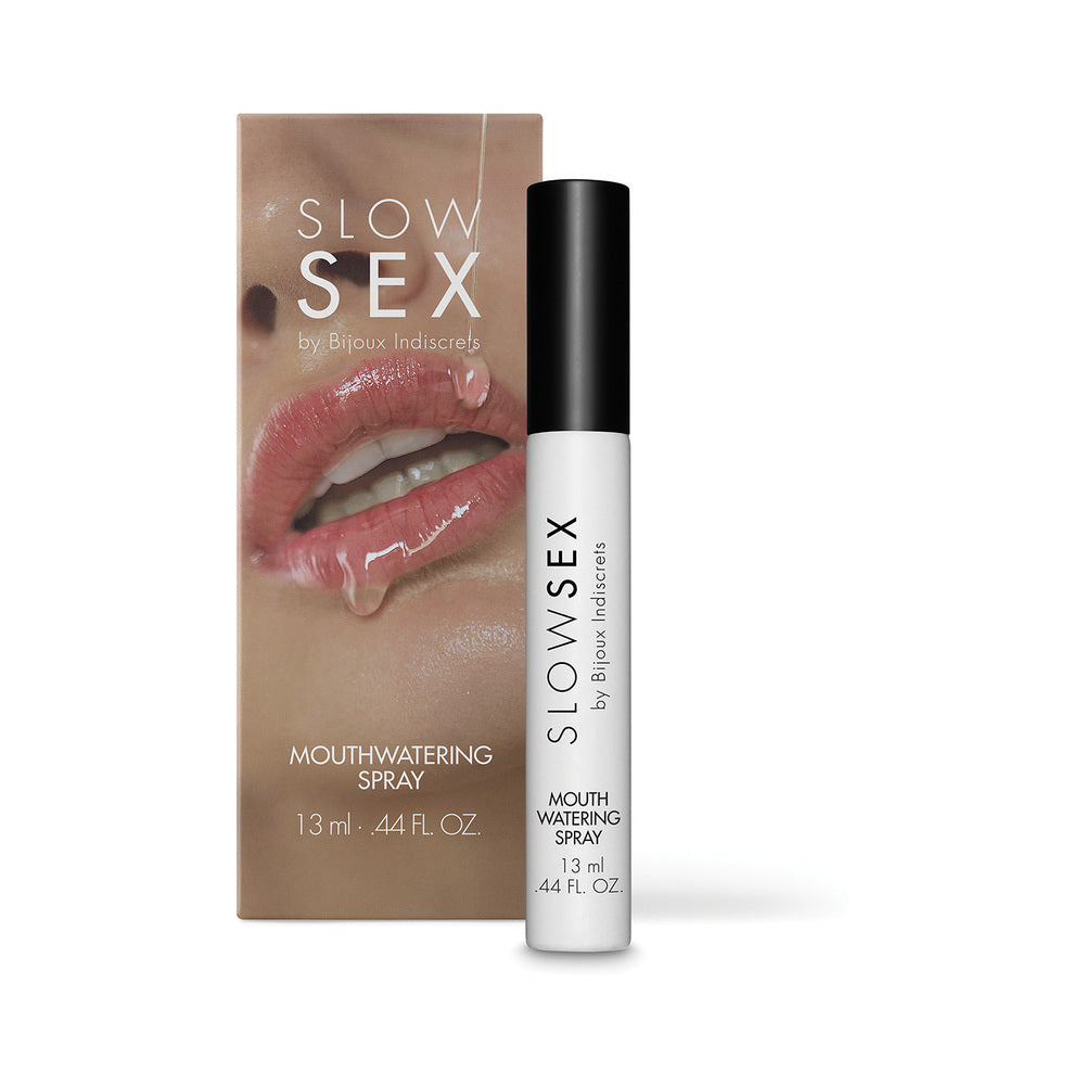 Bijoux Indiscrets Slow Sex Mouthwatering Spray citrus flavored mist bottle against a soft