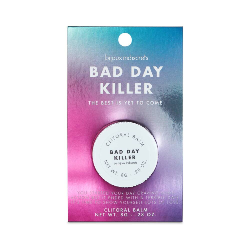 Bijoux Indiscrets Clitherapy Bad Day Killer clitoral balm 0.28 oz tube on a nightstand