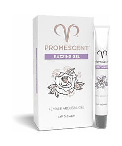 Promescent Female Arousal Buzzing Gel 0.5 oz bottle shown with sleek white and purple label