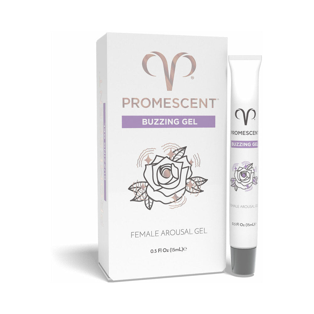 Promescent Female Arousal Buzzing Gel 0.5 oz bottle shown with sleek white and purple label