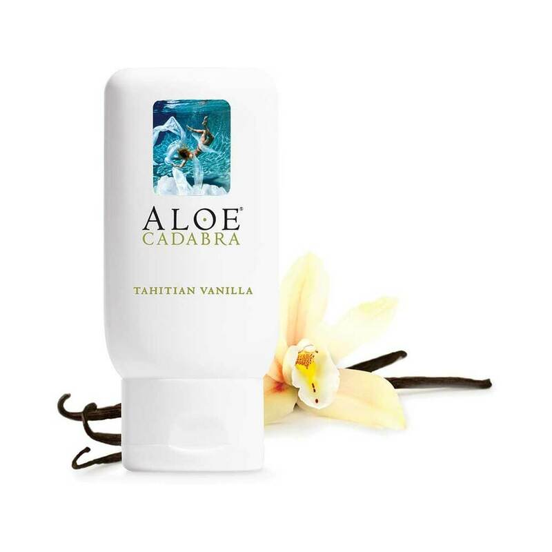 Aloe Cadabra Tahitian Vanilla Aloe Lubricant 2.5 oz bottle with vanilla orchid petals