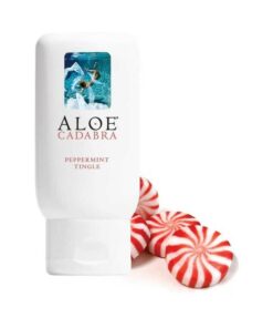 Aloe Cadabra Peppermint Tingle Aloe Lubricant 2.5 oz bottle with mint leaf design on white background.