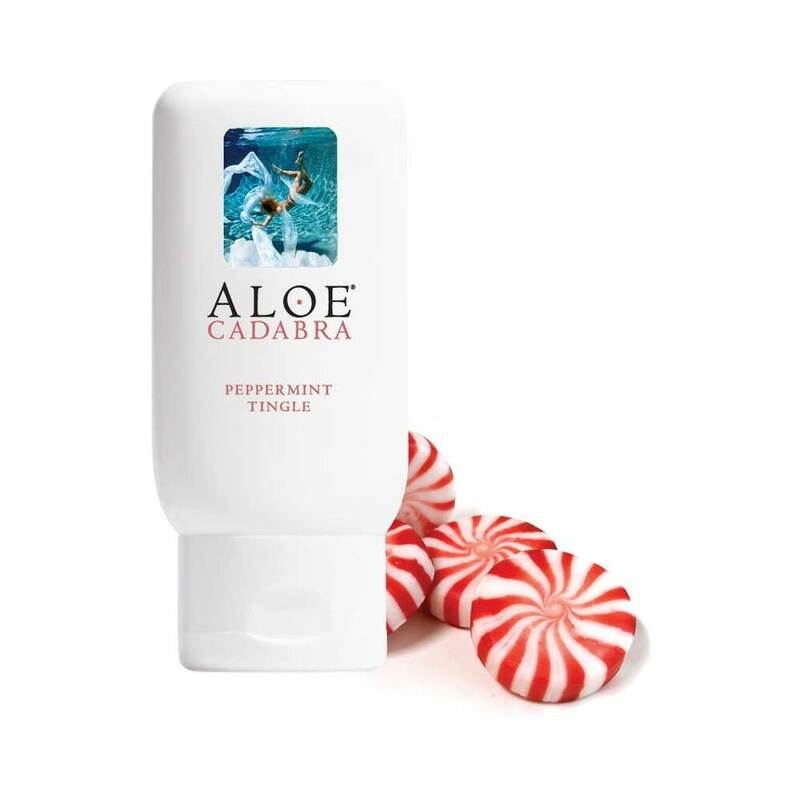 Aloe Cadabra Peppermint Tingle Aloe Lubricant 2.5 oz bottle with mint leaf design on white background.