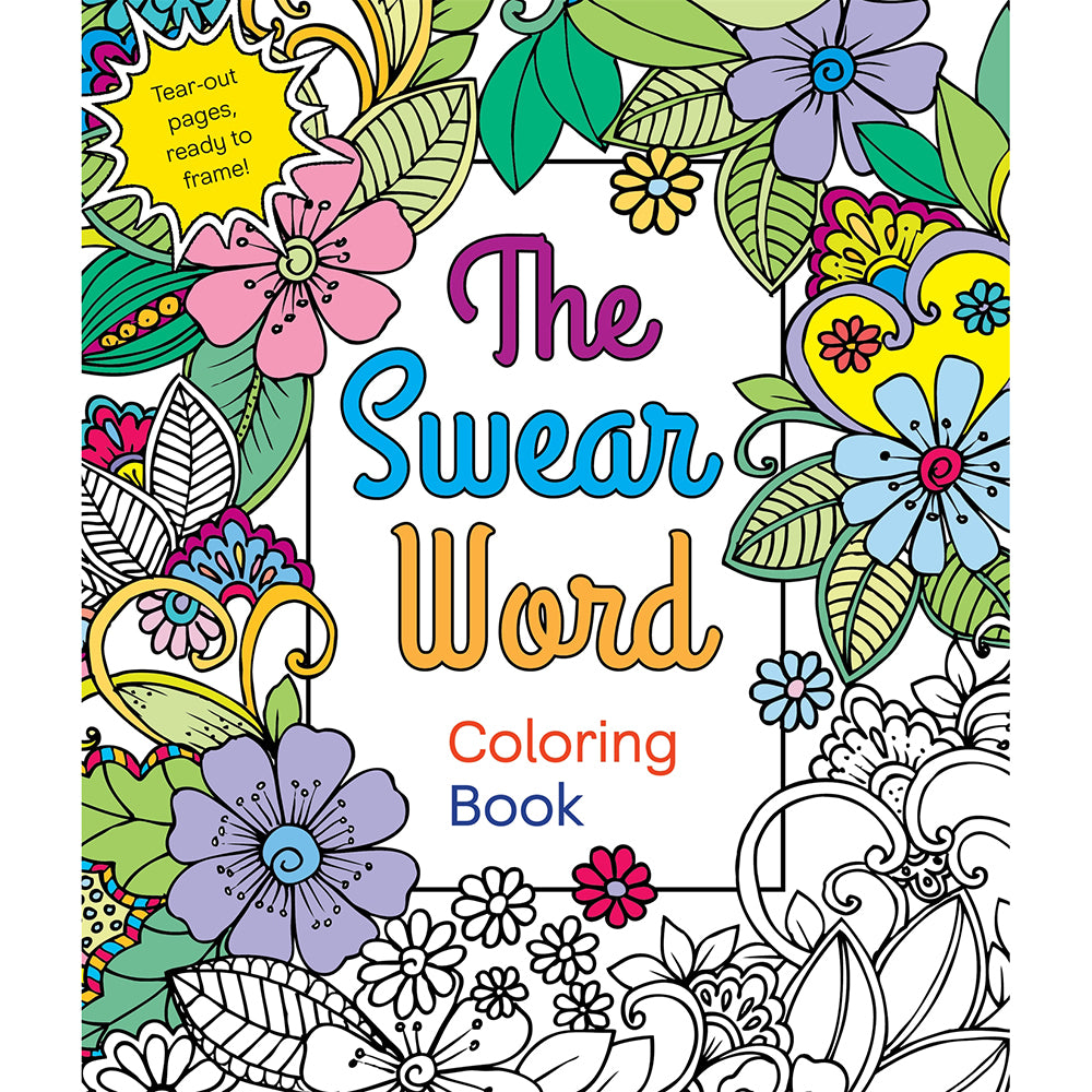 Swear Word Coloring Book open to a page with floral patterns and the word 'fuck' intricately illustrated in black and white.