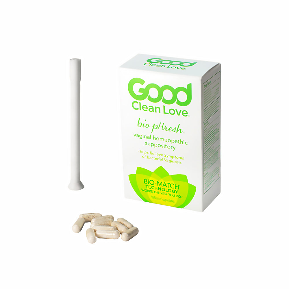 Good Clean Love BiopHresh Vaginal Homeopathic Suppository 10-pack box on white background