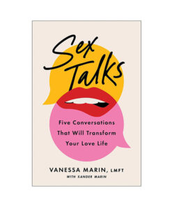 Sex Talks hardcover book by Vanessa Marin and Xander Marin on a nightstand with reading lamp and bookmark visible.
