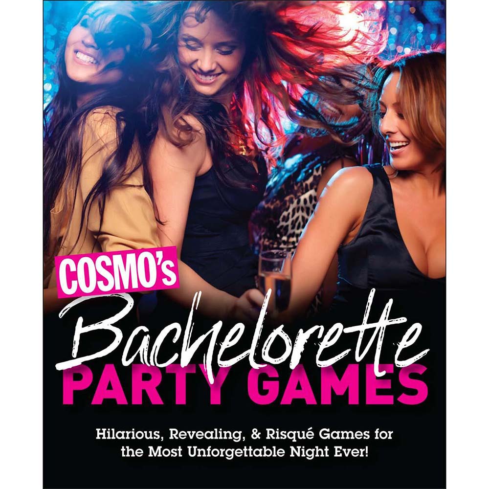 COSMO's Bachelorette Party Games open to a naughty pictionary card with party props and drinks