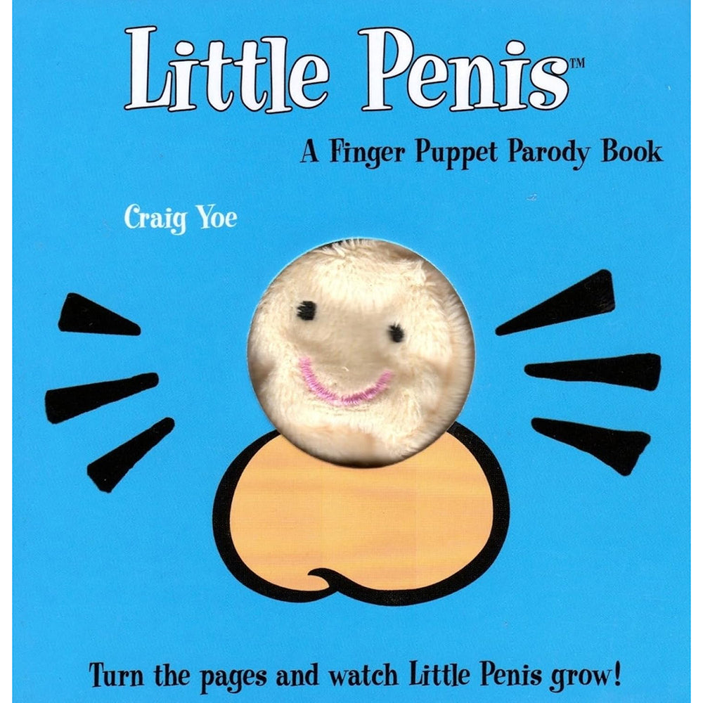 Front cover of the Little Penis Finger Puppet Parody board book with a cartoon character and finger puppet cutout.