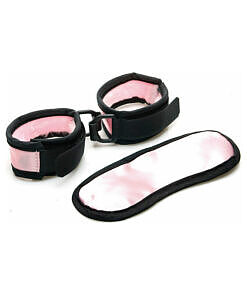 Foxtails Sex Kitten Mask & Cuff Set in pink and black satin