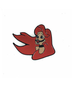 Red Headed Mermaid Enamel Pin with crimson hair and teal tail on a cork board
