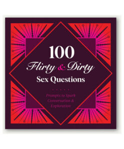 100 Flirty & Dirty Sex Questions Game box and three fanned cards on dark linen with candlelight
