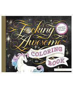 Calligraphuck Fucking Awesome Coloring Book cover and open spread showing elegant hand-lettered profanity with detailed floral background on a desk with colored pencils.