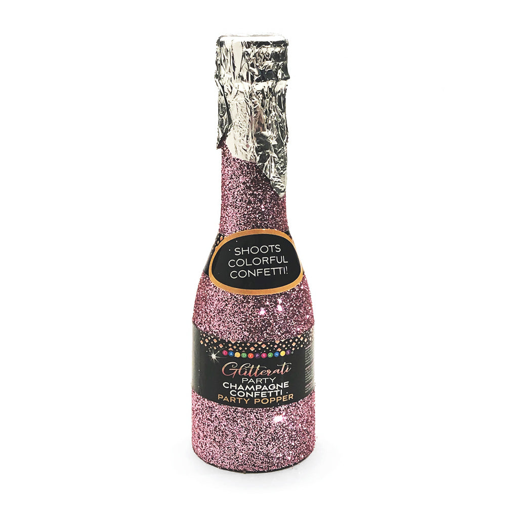Glitterati Champangne Popper 1ct with pink and gold foil exterior shooting paper penis confetti at a bachelorette party.