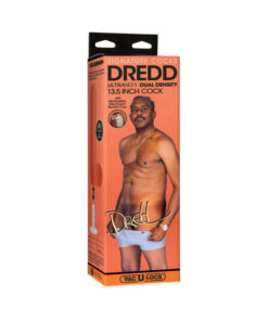 Chocolate brown Signature Cocks Dredd ULTRASKYN Cock with removable suction cup displayed beside ruler showing 13.5-inch scale.