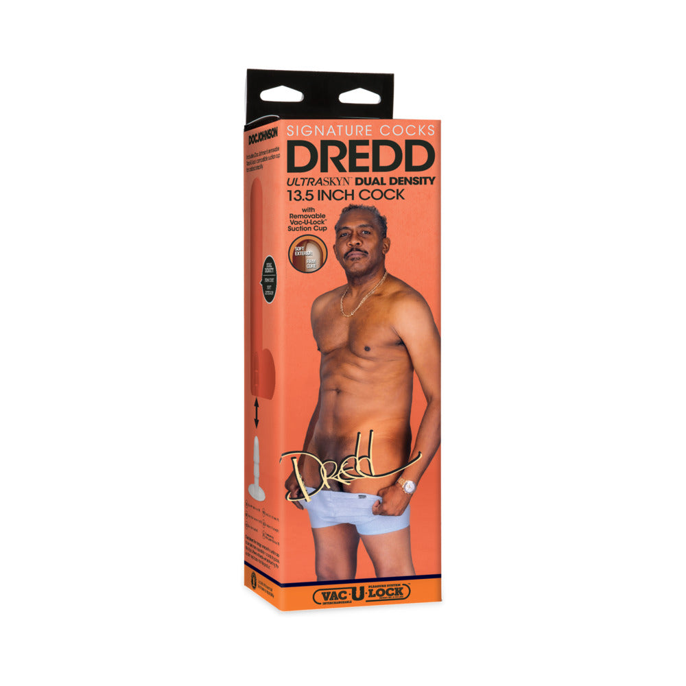 Chocolate brown Signature Cocks Dredd ULTRASKYN Cock with removable suction cup displayed beside ruler showing 13.5-inch scale.