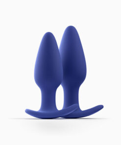 Two blue Biird Regii anal plugs on a white background