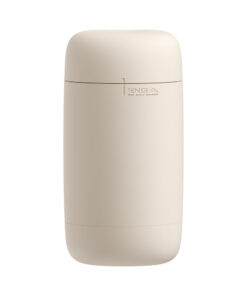 Tenga Puffy Stroker Latte Brown with spongy texture and smooth silicone exterior on a soft beige background.