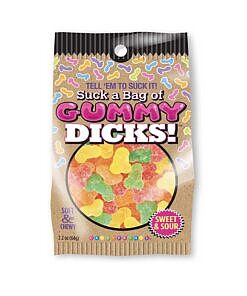 Close-up of sugar-coated gummy dicks spilling from a 4 oz bag