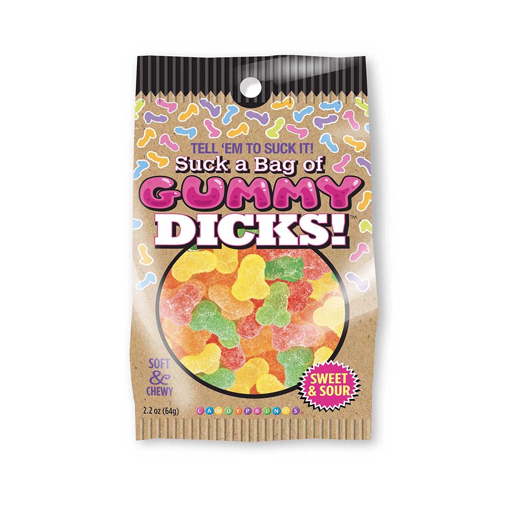 Close-up of sugar-coated gummy dicks spilling from a 4 oz bag