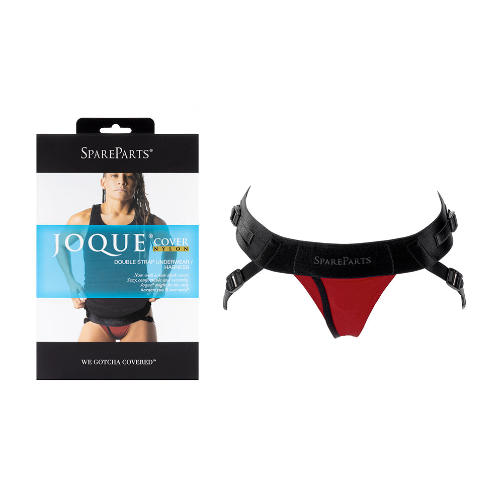 SpareParts Joque Cover Harness red nylon double-strap detail with low-profile O-ring and translucent logo