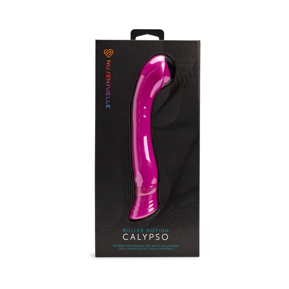 Nu Sensuelle Calypso roller motion G-spot vibrator in magenta silicone with billowing ball tip displayed on a satin surface.