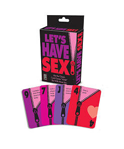 Let's Have Sex Card Game box with illustrated action cards scattered on a bed