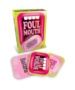 Foul Mouth Card Game cards spread with swear words visible on wooden table