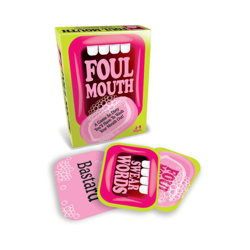 Foul Mouth Card Game cards spread with swear words visible on wooden table