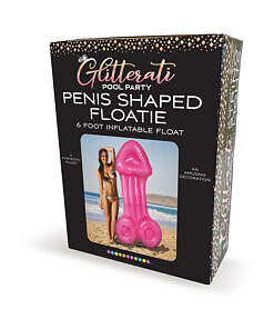 Pink 6-foot Glitterati penis-shaped pool float floating in a sunlit pool with party guests laughing in the background