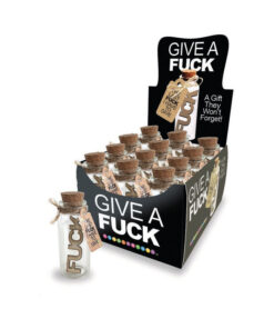 Last Fuck I Have to Give 12-Piece Display with twelve clear glass jars each holding a wooden 'fuck' token on a retail shelf