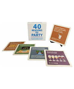 Kheper Games 40 Reasons to Party Cards fanned out on a table with mixed drinks and colorful party lights.