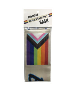 Progress Bachelor Sash with vibrant progress pride flag design draped over a shoulder