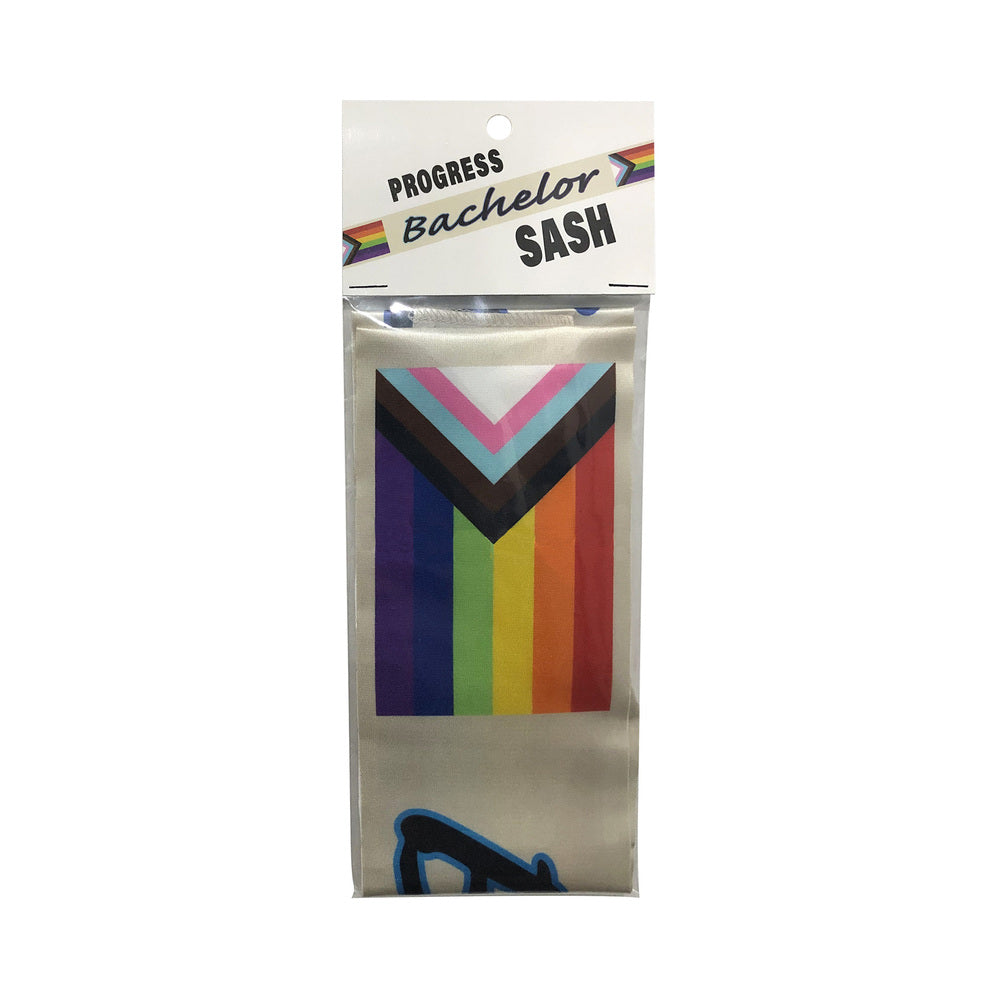 Progress Bachelor Sash with vibrant progress pride flag design draped over a shoulder