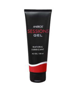 Aneros Sessions Gel tube on a clean white surface with water droplets