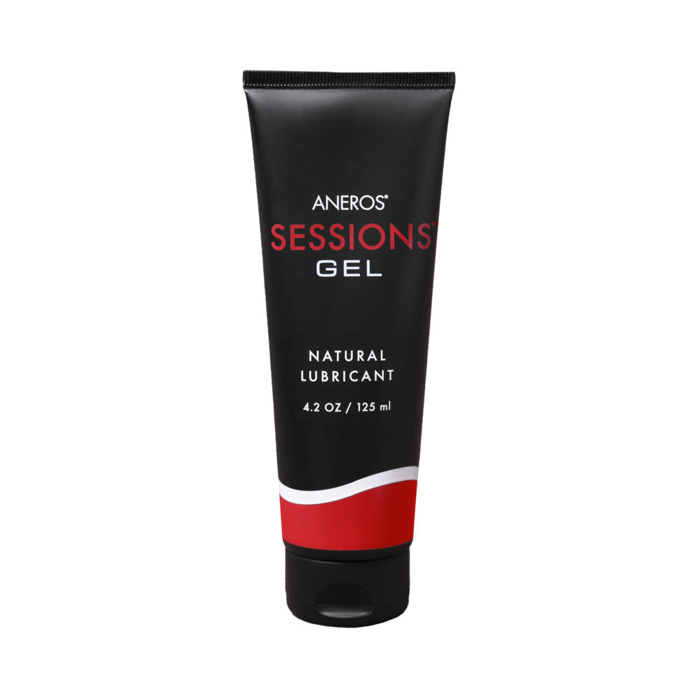 Aneros Sessions Gel tube on a clean white surface with water droplets