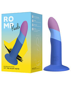 ROMP Piccolo non-realistic silicone dildo with glossy curved shaft and flared base on clean white background.