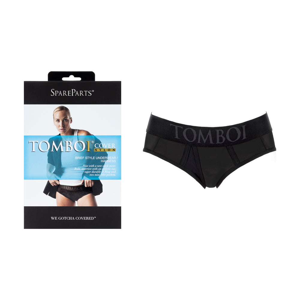 Front view of black SpareParts Tomboi Cover Brief Style Underwear Harness