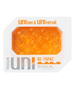 Tenga Uni Topaz clear sleeve showing repeating round cushion texture on a white background.