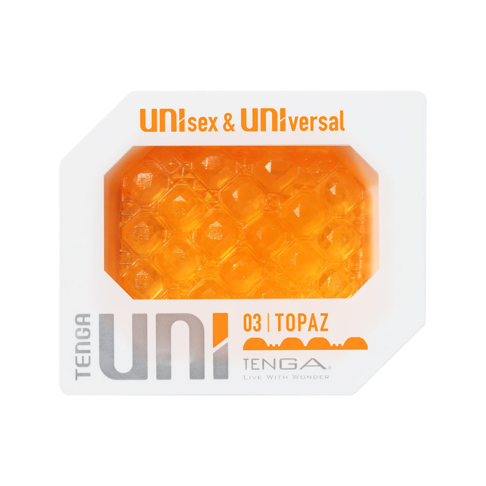 Tenga Uni Topaz clear sleeve showing repeating round cushion texture on a white background.