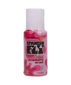Spanish Fly Sex Liquid Wild Strawberry 1 oz. bulk bottle with red liquid and dropper on a sensual backdrop.