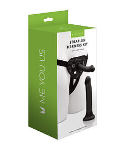 Me You Us Strap-On Harness Kit with two lifelike silicone dildos in 6-inch and 8-inch sizes on a clean white background
